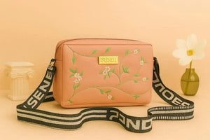 Product Name: Peach Embroidered Leather Crossbody Bag for Girls
