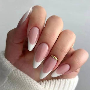 Hyper Realistic French Press On Nails for Women | Reusable Artificial Nails with Free Glue | Natural Glossy Full Cover False Nails Kit – Almond, Square & Coffin Shapes